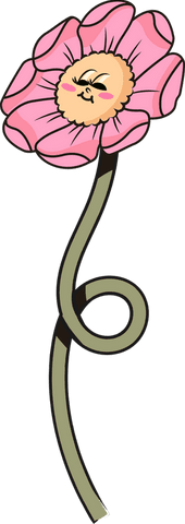 Whimsical smiling pink flower with coiled stem on transparent background