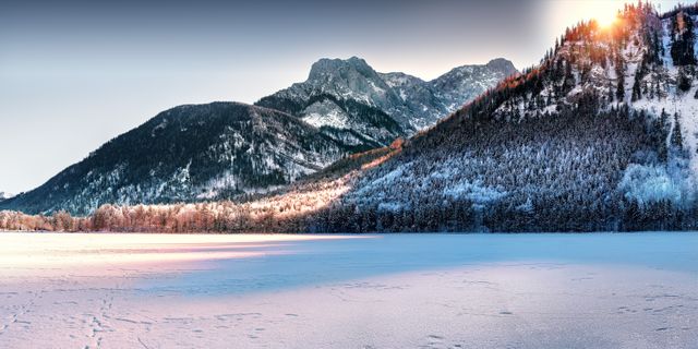 Stunning panoramic view of a frozen lake surrounded by snow-covered trees and majestic mountain peaks at sunrise. Sunlight gently illuminates the landscape, emphasizing the beauty of the untouched wilderness. Ideal for winter-themed calendars, travel brochures, nature magazines, desktop wallpapers, and websites promoting outdoor activities and travel destinations.