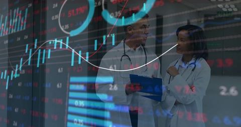 Doctors analyzing clinical data overlay, collaborating on healthcare analytics and visualization