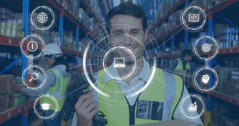 Warehouse Worker Scanning Boxes with Augmented Reality HUD for Inventory Management