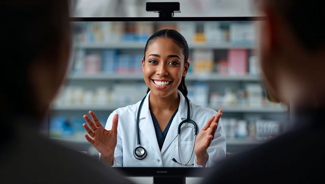 Smiling female physician conducting telemedicine consultation on monitor with stethoscope