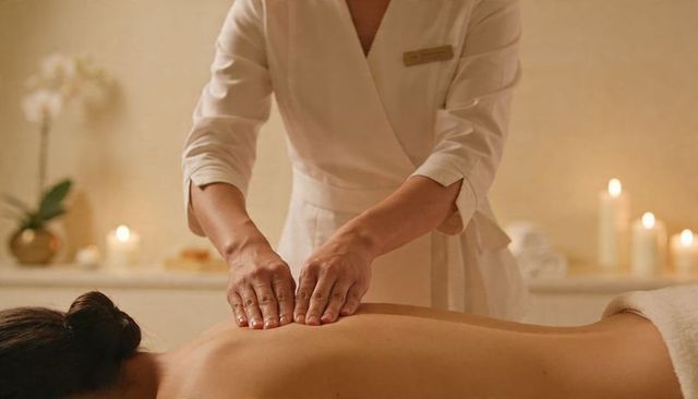 Spa therapist massaging back with warm candlelight, towels and calming wellness ambiance