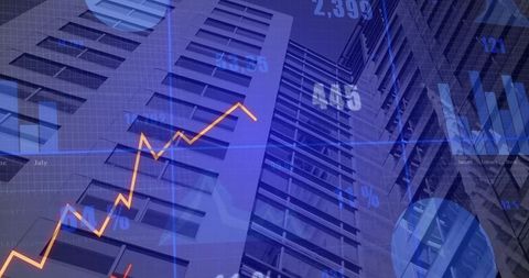 Urban financial growth visualization overlapping skyscrapers with rising orange trend line