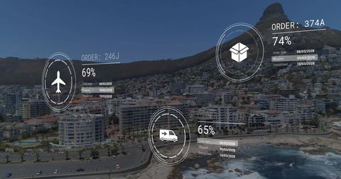 Digital Interface Data Flow Over Coastal Cityscape