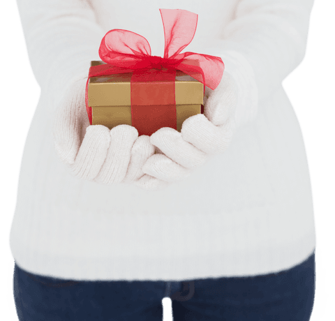 Woman holding transparent christmas gift box