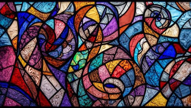 Vibrant abstract stained glass art with swirling patterns