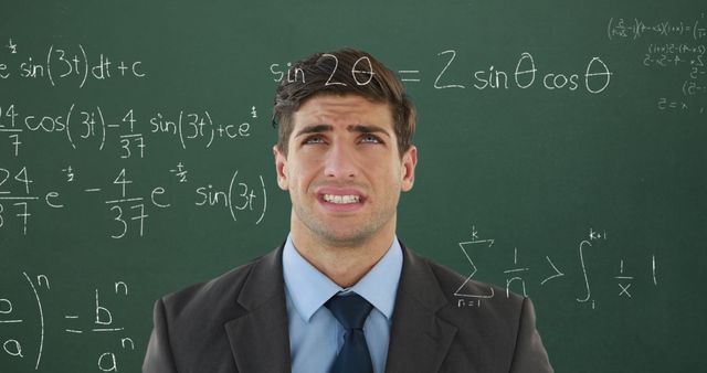 Digital composite of a Caucasian male student looking confused while mathematical equations with figures move in the screen image for back to school. 4k