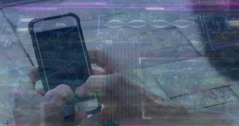 Hands Holding Smartphone with Overlay of Financial Data Charts