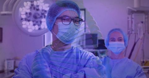 Surgeons in Modern Operating Room with DNA Overlay