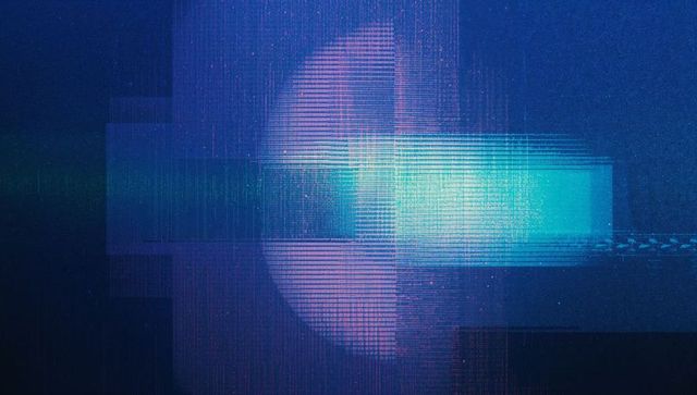 Vibrant neon glitched digital abstract art in blues and purples