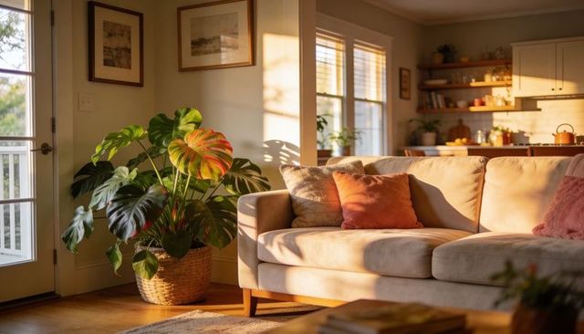 Sunlit beige sofa basking in late afternoon glow with large monstera in woven basket