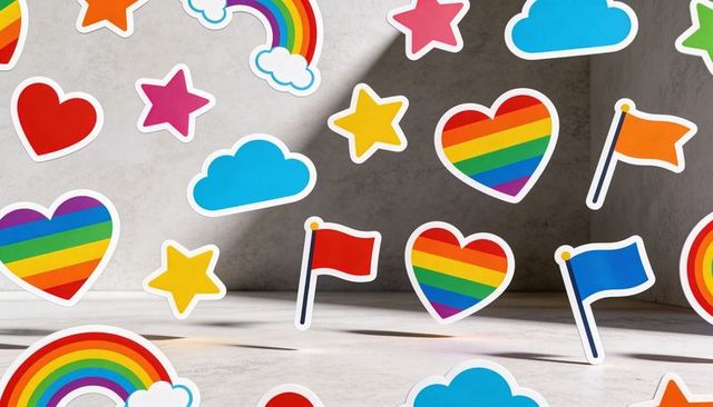 Floating rainbow heart and flag stickers casting soft shadows on minimal concrete surface