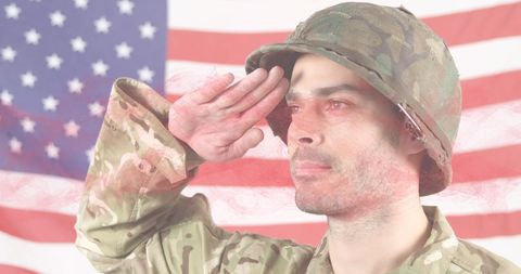 Patriotic Soldier Saluting with DNA Strand Overlay and American Flag