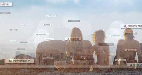 Friends sitting on rooftop ledge overlooking city skyline with social media overlay icons