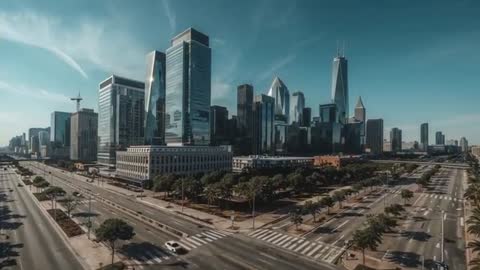 Compact Car Navigating Vibrant City Intersection with Skyline