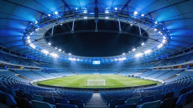 Modern illuminated football stadium glowing under led ring lights at night with empty seats