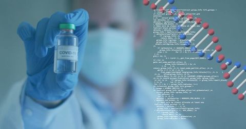 Healthcare professional holding covid-19 vaccine with dna strand overlay