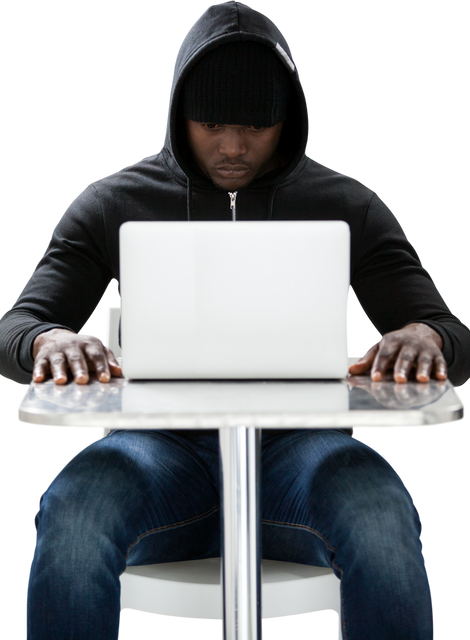 Transparent Image of Hooded Hacker with Laptop at Table - Download Free Stock Videos Pikwizard.com