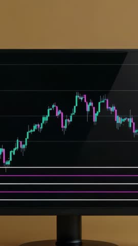 Trading Monitor Displaying Candlestick Chart Dipping Then Rising with Support Lines