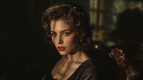 Elegantly poised beautiful lady in vintage shadowed setting