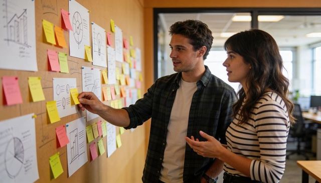 Collaborating over sticky notes and wireframes in modern office brainstorming session