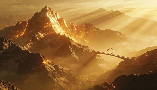 Golden alpenglow illuminating volcanic mountain peaks with arched bridge and diamond frame