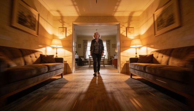 Senior woman walking through warm symmetrical living room corridor casting dramatic shadow