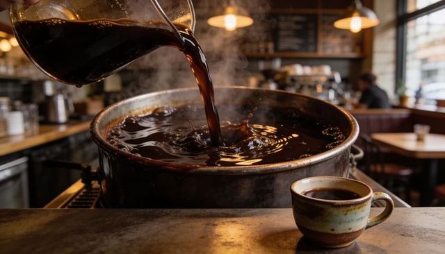 Barista pouring from glass carafe into large brew vat in rustic cafe steaming dark coffee