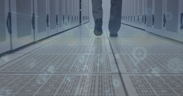 Professional walking through data center server aisle, highlighting technology and IT work environment. Ideal for illustrating data security, technology management, IT infrastructure, and modern business environments.