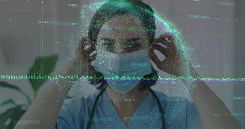Nurse in Scrubs with Digital Data Overlay Illustrating Modern Healthcare