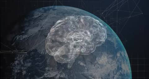 Rotating Wireframe Brain Over Earth Representing Global Connectivity