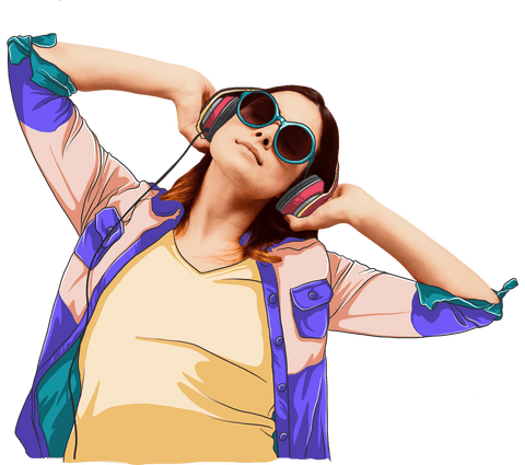 Stylized woman with headphones enjoying music on transparent background