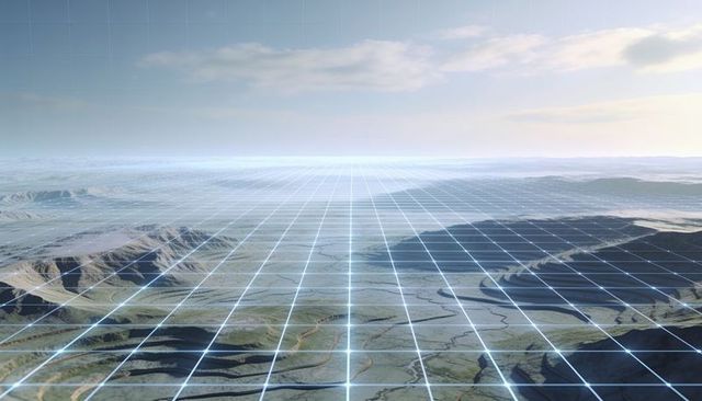 Futuristic geospatial grid spanning desert valley with glowing mesh to horizon