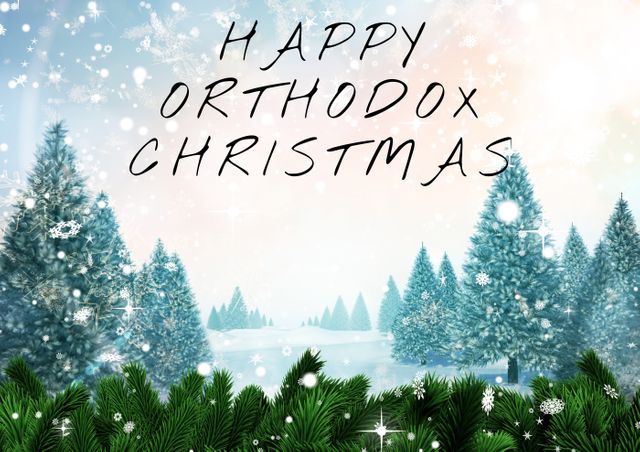 Composition of happy orthodox christmas text with spruce trees and snow in background, copy space. orthodox christmas, greeting, tradition and holiday.