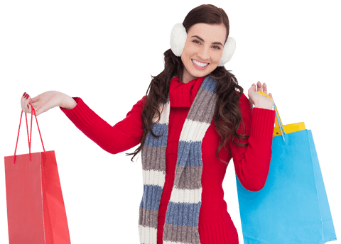 Brunette woman in cozy winter outfit with shopping bags on transparent background