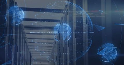 Holographic Network Globes Hovering Over Data Center Aisle, Futuristic Blue Visualization