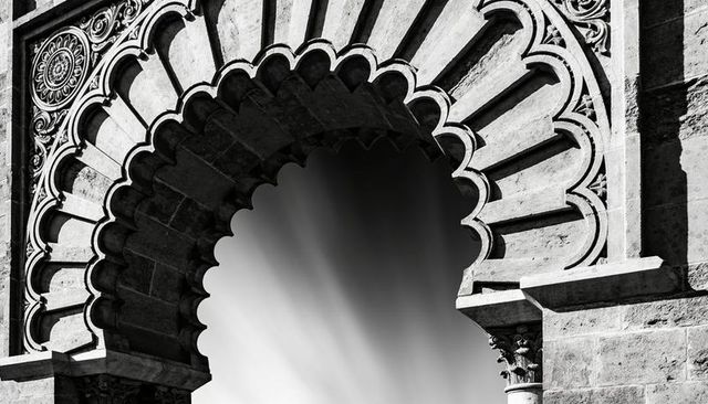 Highlighting ornate scalloped stone arch on historic facade with rosette and carved capital