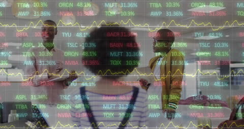 Diverse Team Analyzing Financial Data Overlayed on Stock Market Graphs