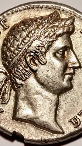 Vertical macro video changing framing and lighting revealing laurel and rim chip on coin relief