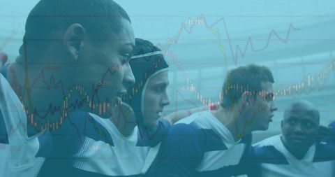 Diverse Rugby Team Meeting with Digital Data Overlay