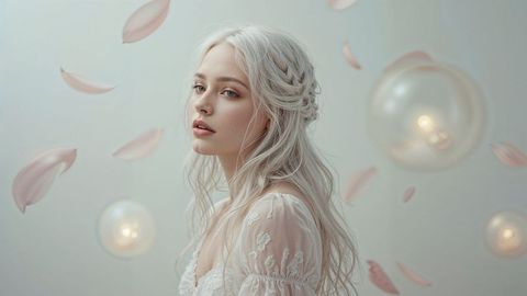 Ethereal fashion beautiful lady model in white lace with floating petals and lights