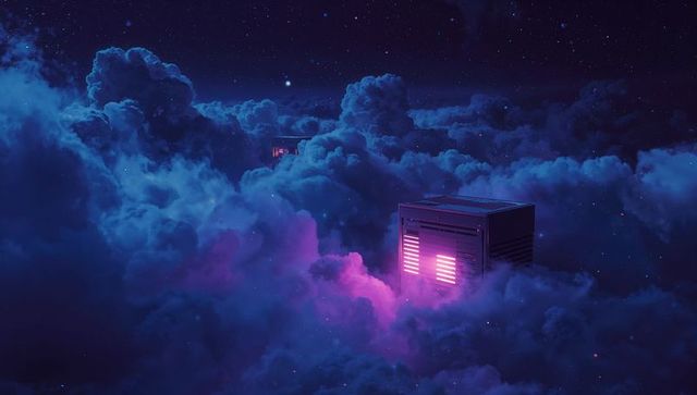 Futuristic Server Box in Cloudy Nightscape with Neon Glow
