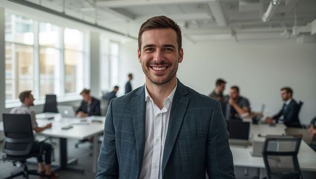 Confident young businessman smiling in modern open-plan office with team collaborating
