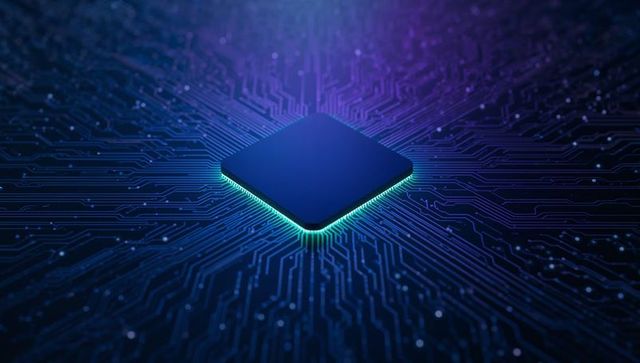 Illuminated microchip on circuit board radiating innovation