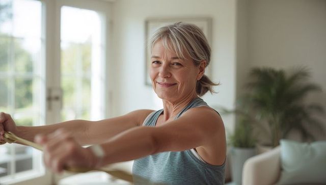 Senior woman exercising with resistance band at home, smiling, healthy active lifestyle