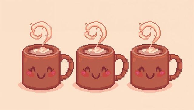 Steaming smiling pixel-art coffee mugs trio with spiral steam and pink cheeks