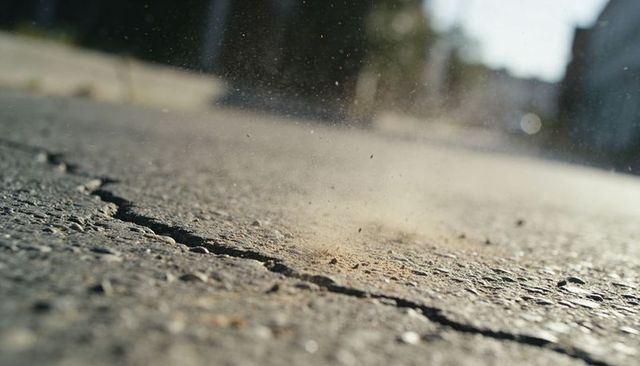 Sunlit cracked asphalt revealing jagged fissure with suspended dust and pebble texture
