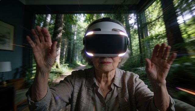 Senior woman wearing vr headset reaching out exploring virtual forest from living room