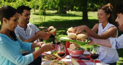 Casual Outdoor Picnic with Friends Enjoying Burgers and Wine - Download Free Stock Images Pikwizard.com