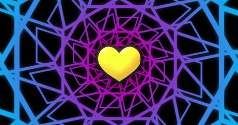 Golden heart with intricate geometric line patterns
